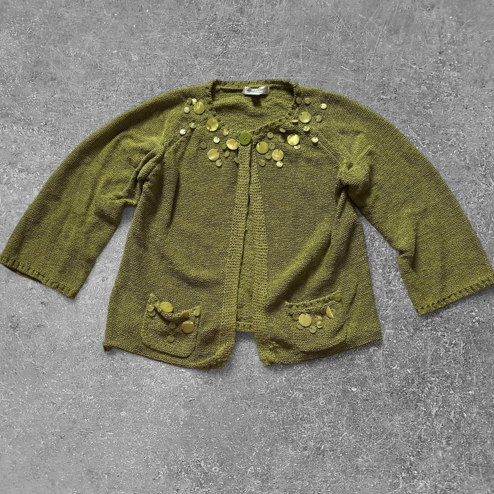 Coldwater Creek Green Cardigan Gold Coin Embellished Sweater Womens Size M